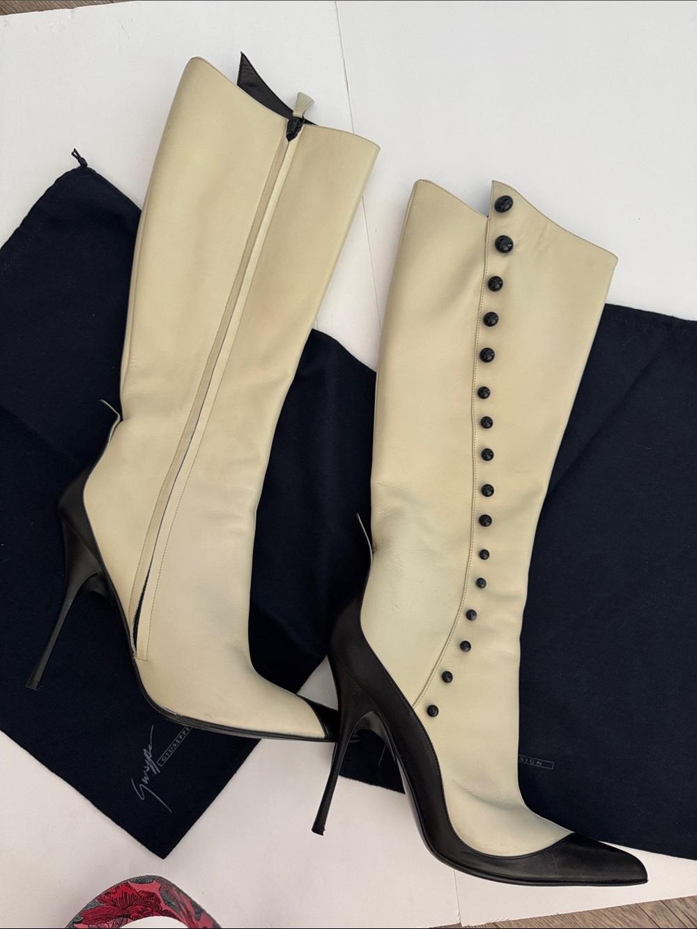 Vintage Giuseppe Zanotti Cream and Black Knee-High Stiletto Boots